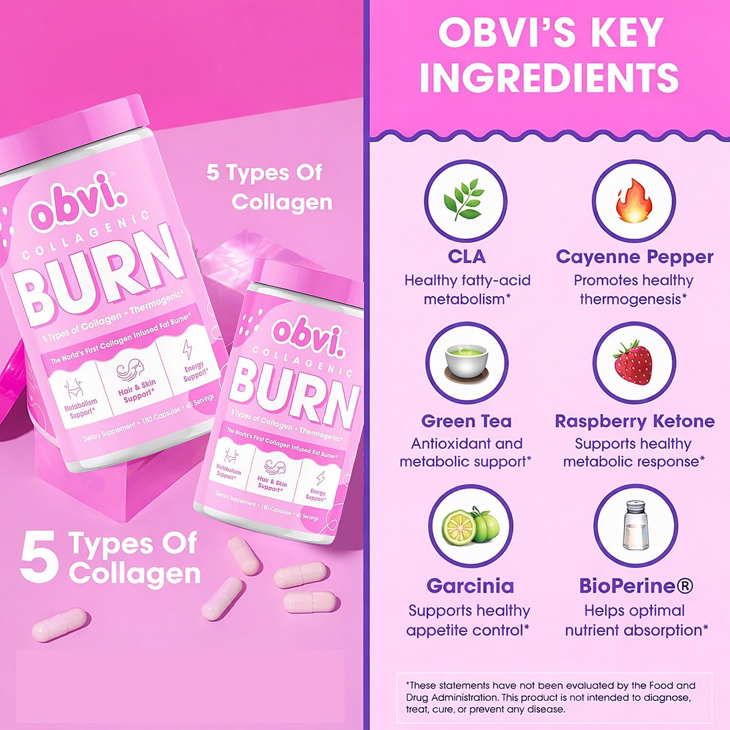 Obvi Collagenic AM Burn Collagen Infused Fat Burner Dietary Supplement (180 Capsules) Made in US