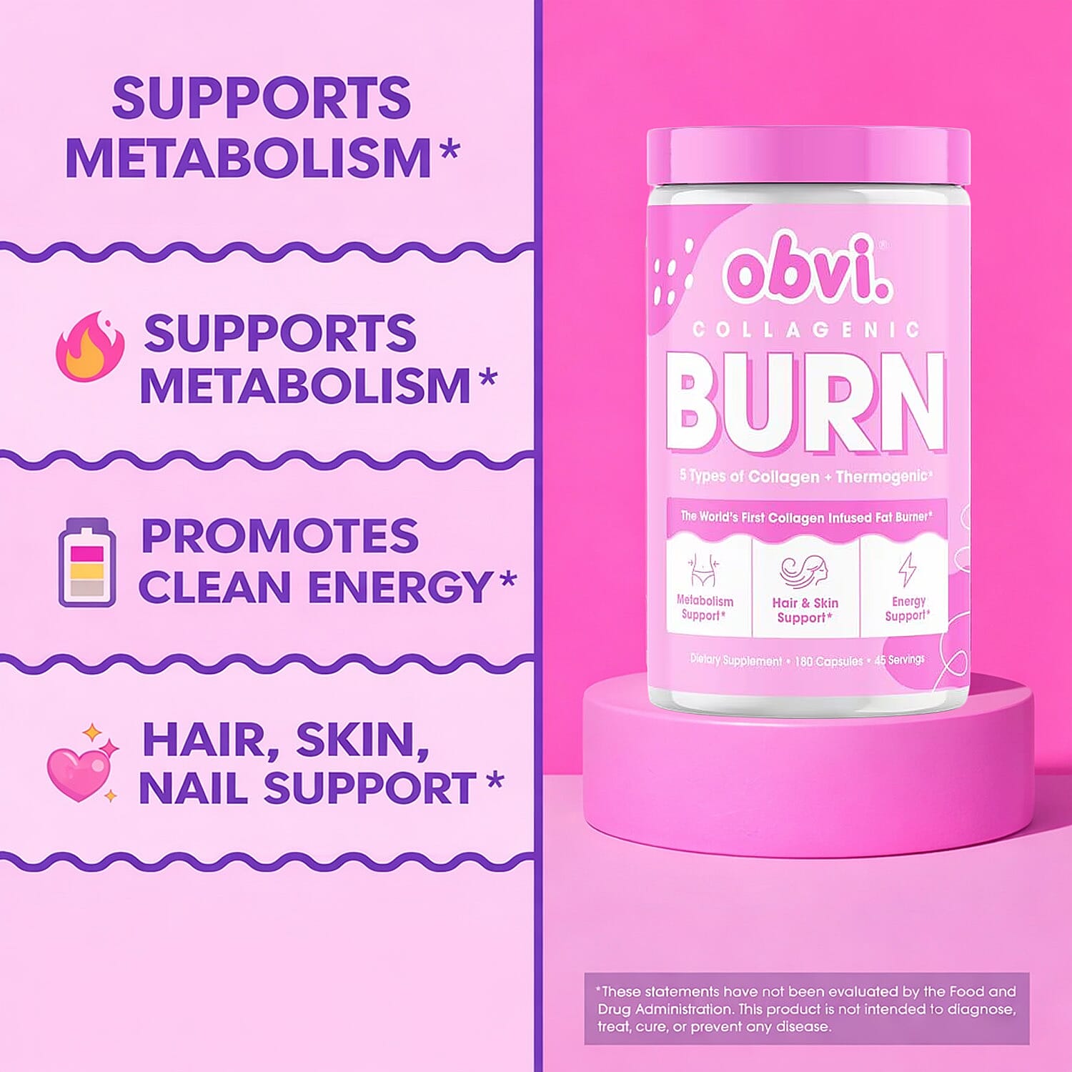 Obvi Collagenic AM Burn Collagen Infused Fat Burner Dietary Supplement (180 Capsules) Made in US