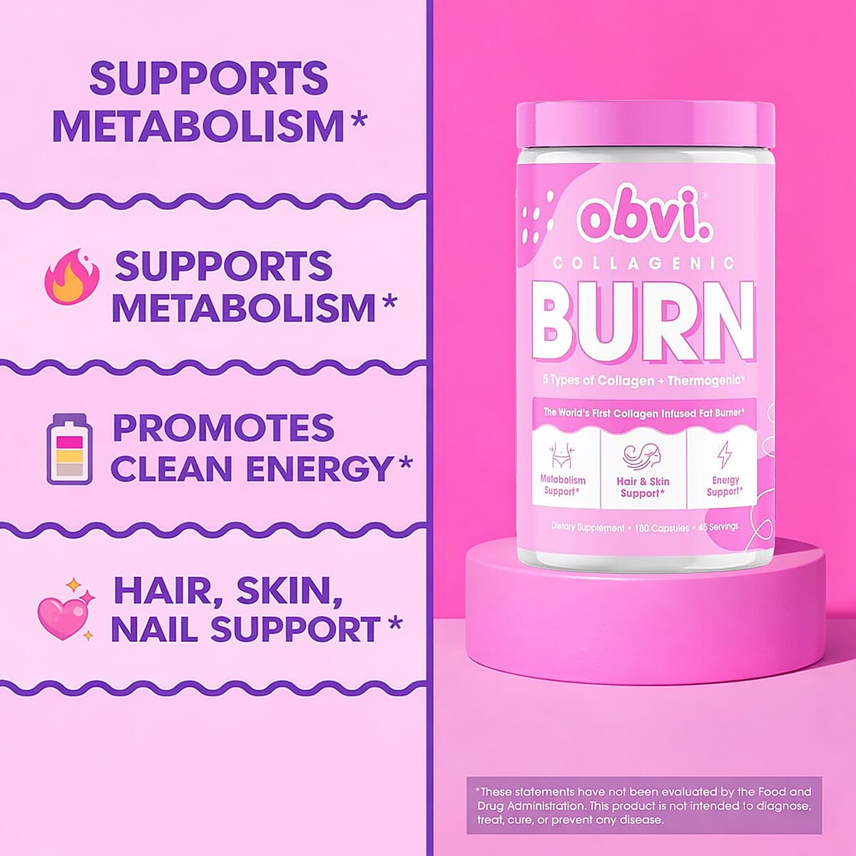 Obvi Collagenic AM Burn Collagen Infused Fat Burner Dietary Supplement (180 Capsules) Made in US image number 4