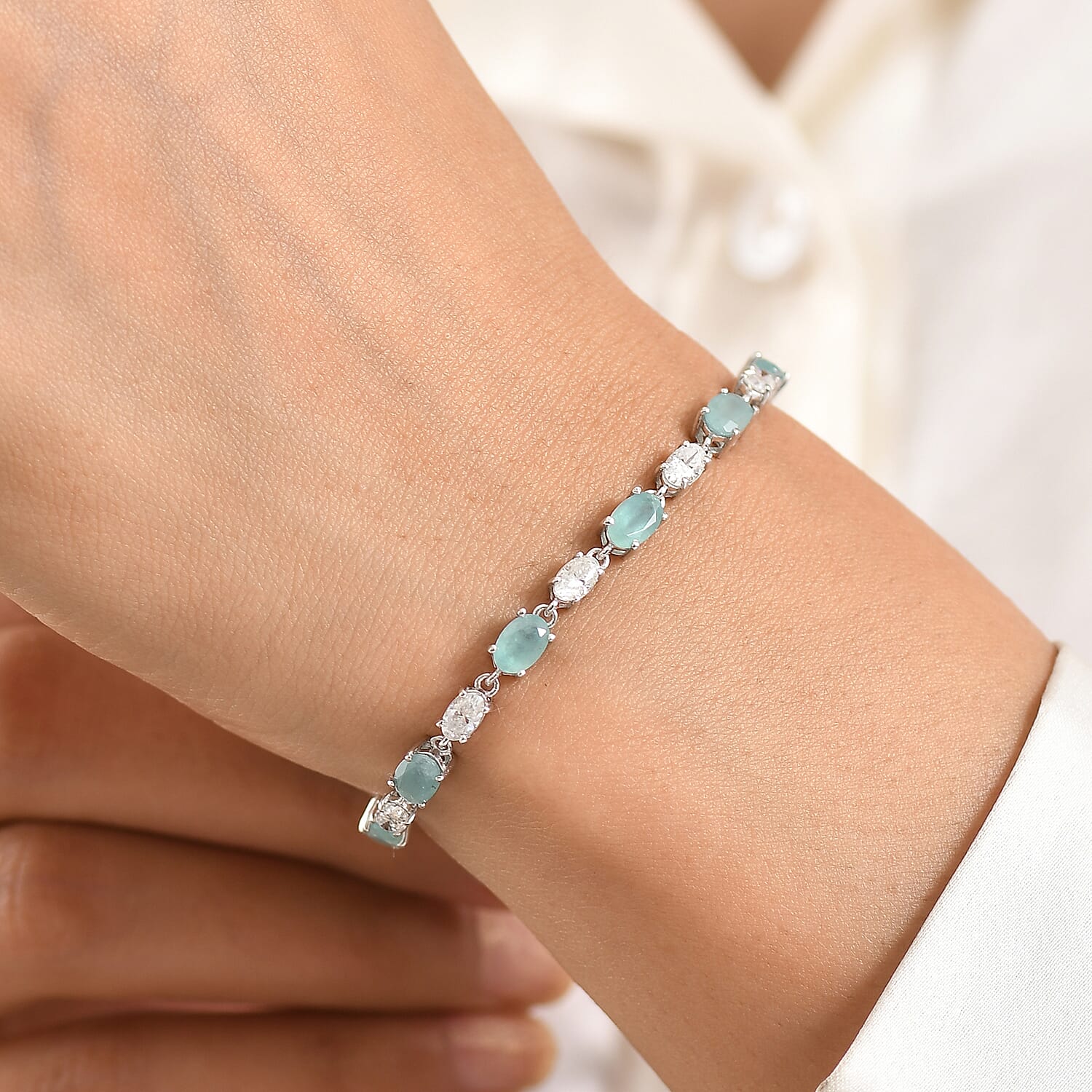 D'Joy Grandidierite and Moissanite 8.15 ctw Timeless Harmony Bracelet in Rhodium Over Sterling Silver (7.25 In)