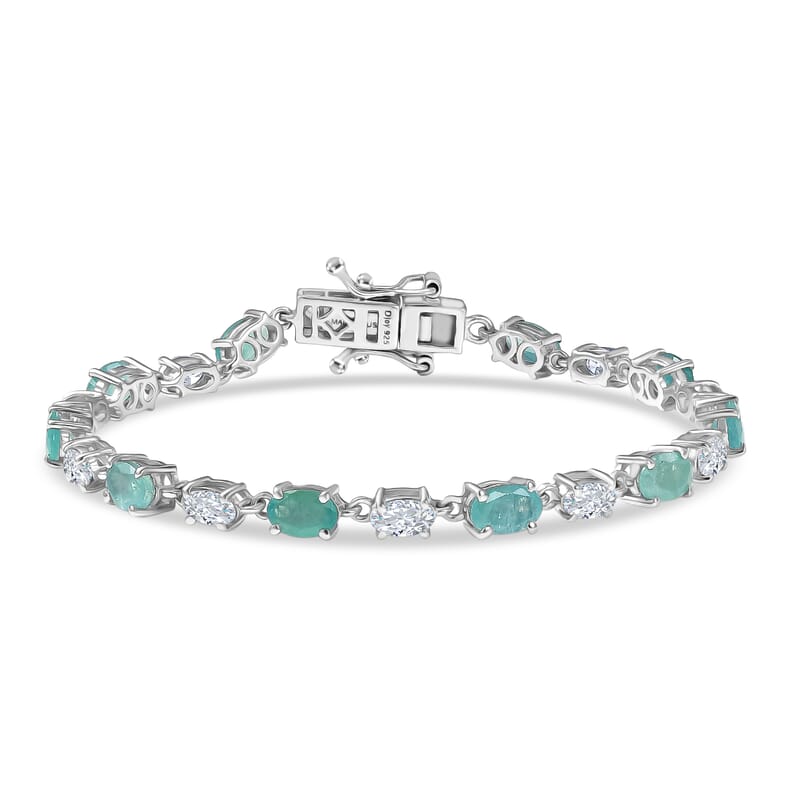 D'Joy Grandidierite and Moissanite 7.50 ctw Timeless Harmony Bracelet in Rhodium Over Sterling Silver (6.50 In)