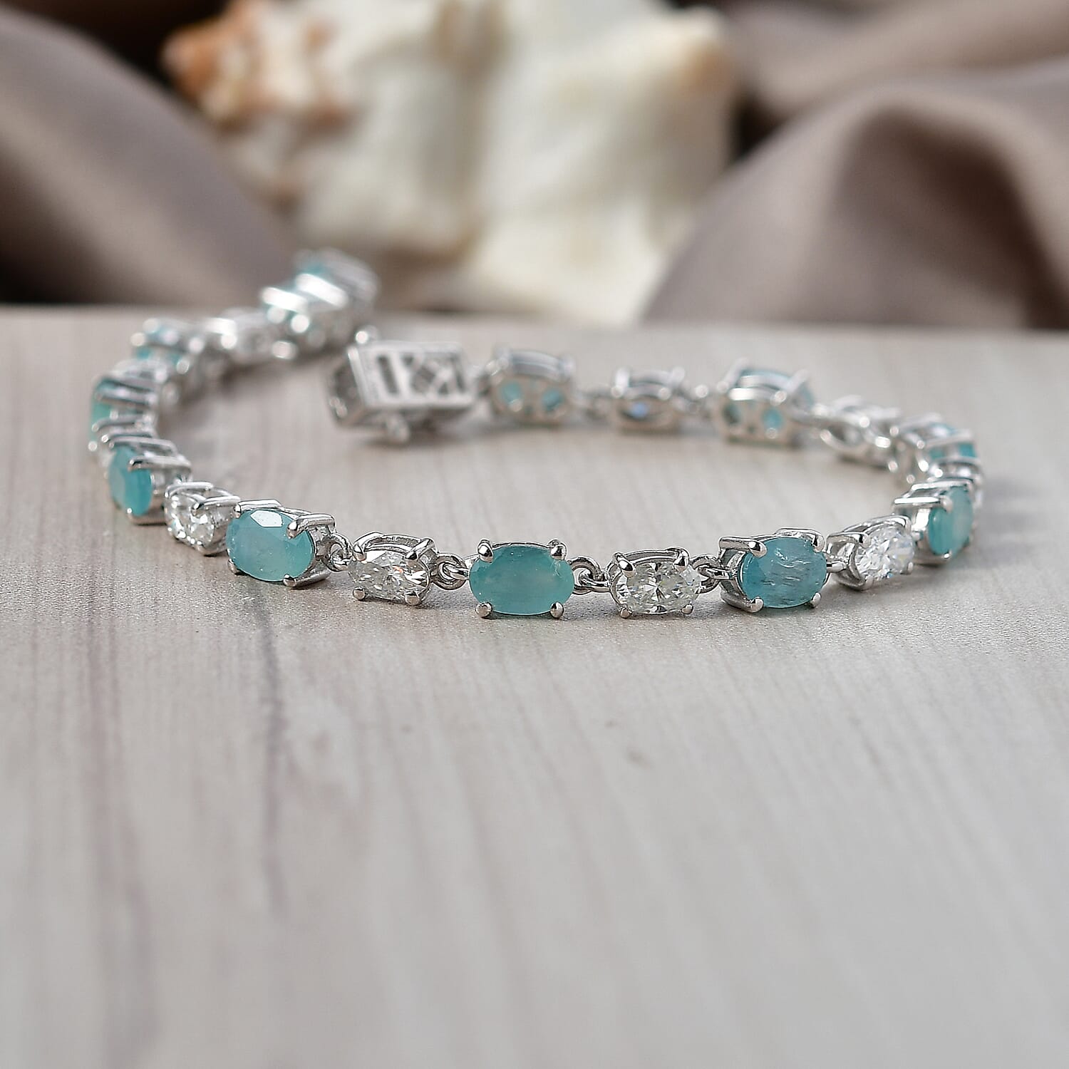 D'Joy Grandidierite and Moissanite 7.50 ctw Timeless Harmony Bracelet in Rhodium Over Sterling Silver (6.50 In)