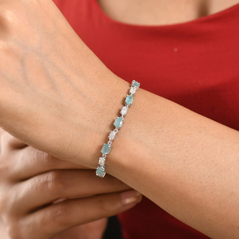 D'Joy Grandidierite and Moissanite 7.50 ctw Timeless Harmony Bracelet in Rhodium Over Sterling Silver (6.50 In)