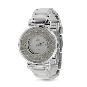 Closeout Adee Kaye White Crystals, Ceramic and Silvertone Ladies Watch with MOP Dial