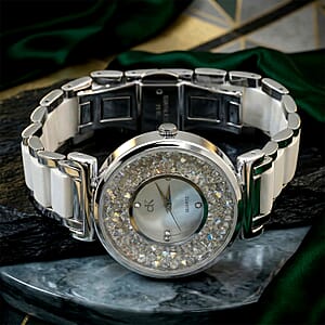 Closeout Adee Kaye White Crystals, Ceramic and Silvertone Ladies Watch with MOP Dial