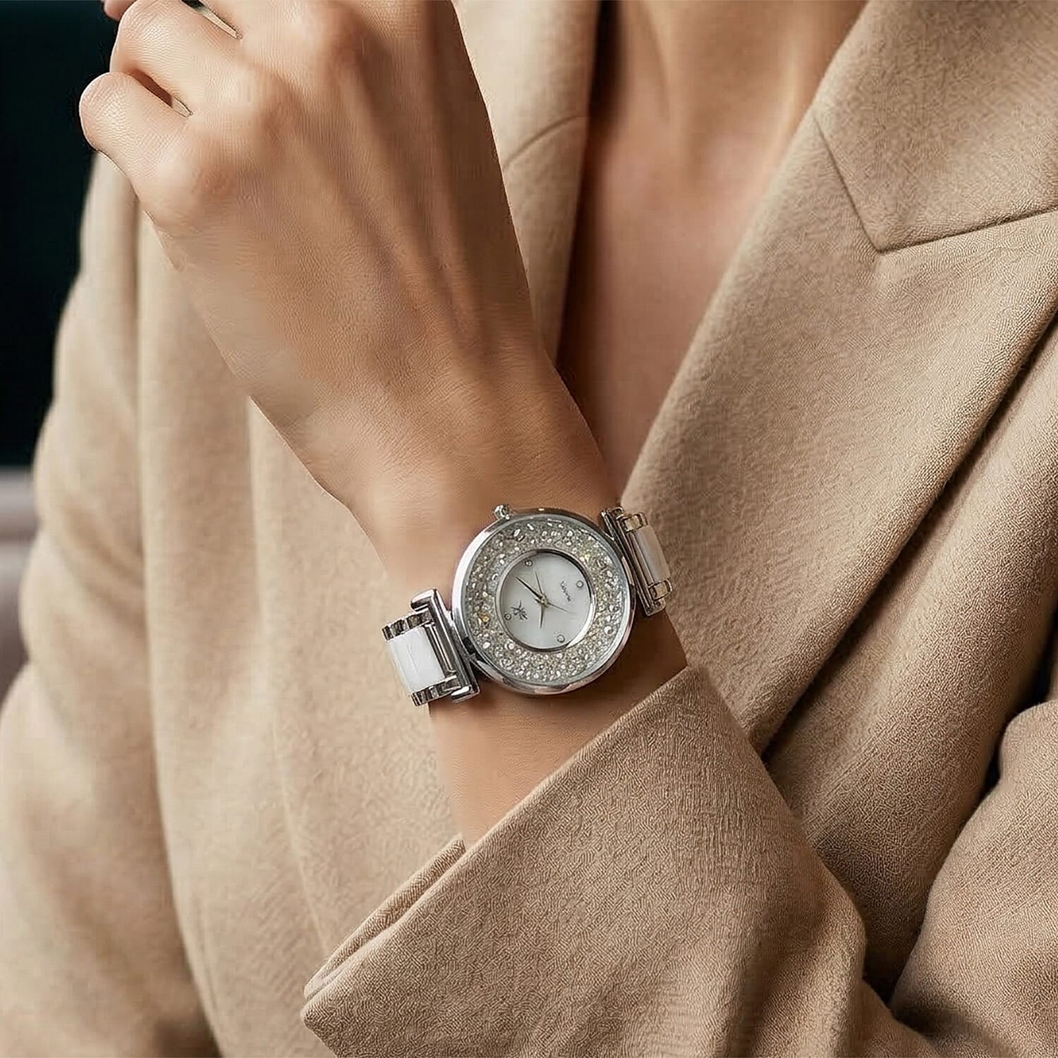 Closeout Adee Kaye White Crystals, Ceramic and Silvertone Ladies Watch with MOP Dial