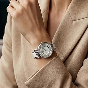 Closeout Adee Kaye White Crystals, Ceramic and Silvertone Ladies Watch with MOP Dial