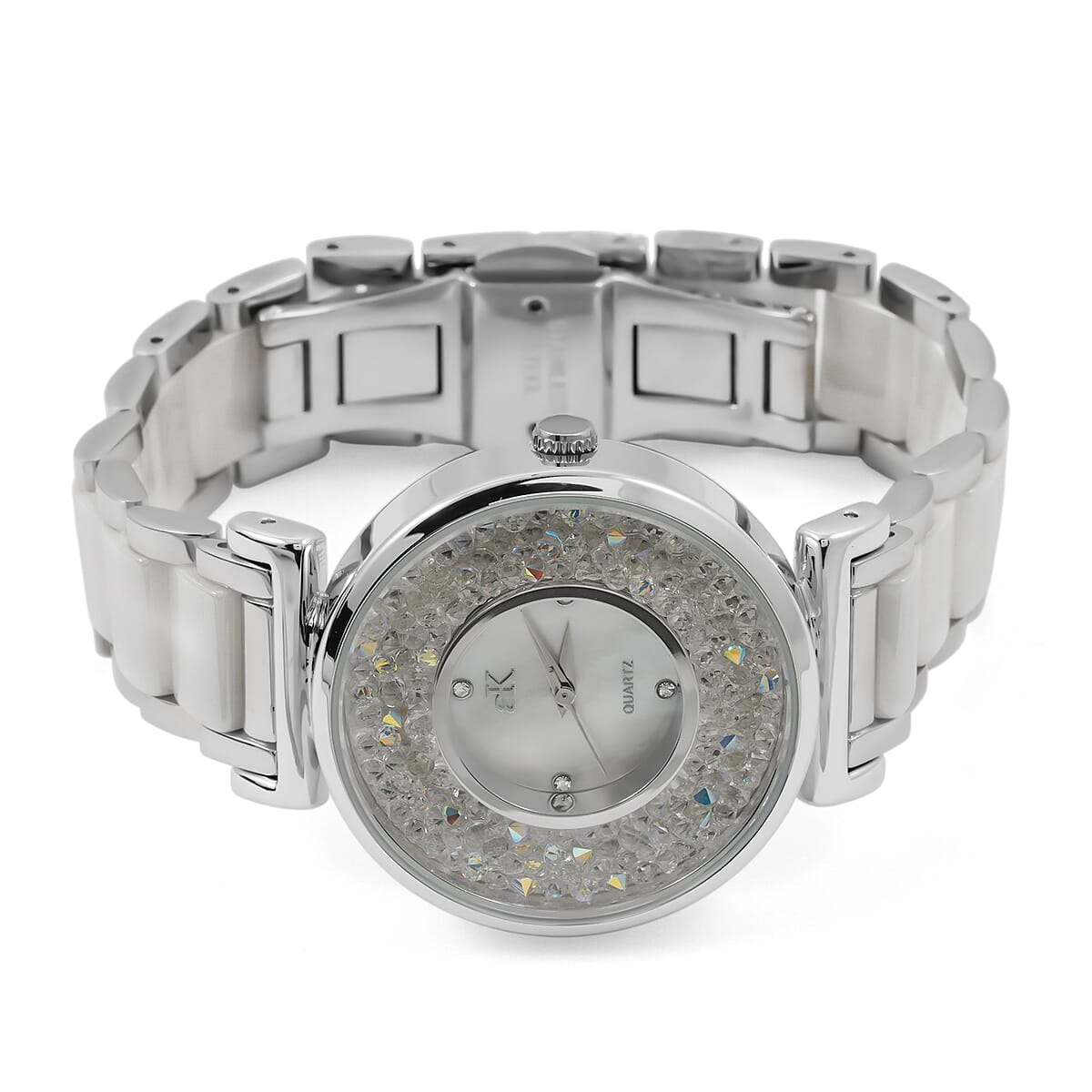 Adee Kaye White Crystals, Ceramic and Silvertone Ladies Watch with MOP Dial image number 3