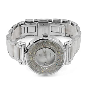 Closeout Adee Kaye White Crystals, Ceramic and Silvertone Ladies Watch with MOP Dial