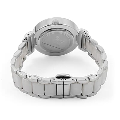 Closeout Adee Kaye White Crystals, Ceramic and Silvertone Ladies Watch with MOP Dial
