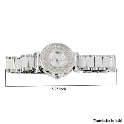 Closeout Adee Kaye White Crystals, Ceramic and Silvertone Ladies Watch with MOP Dial