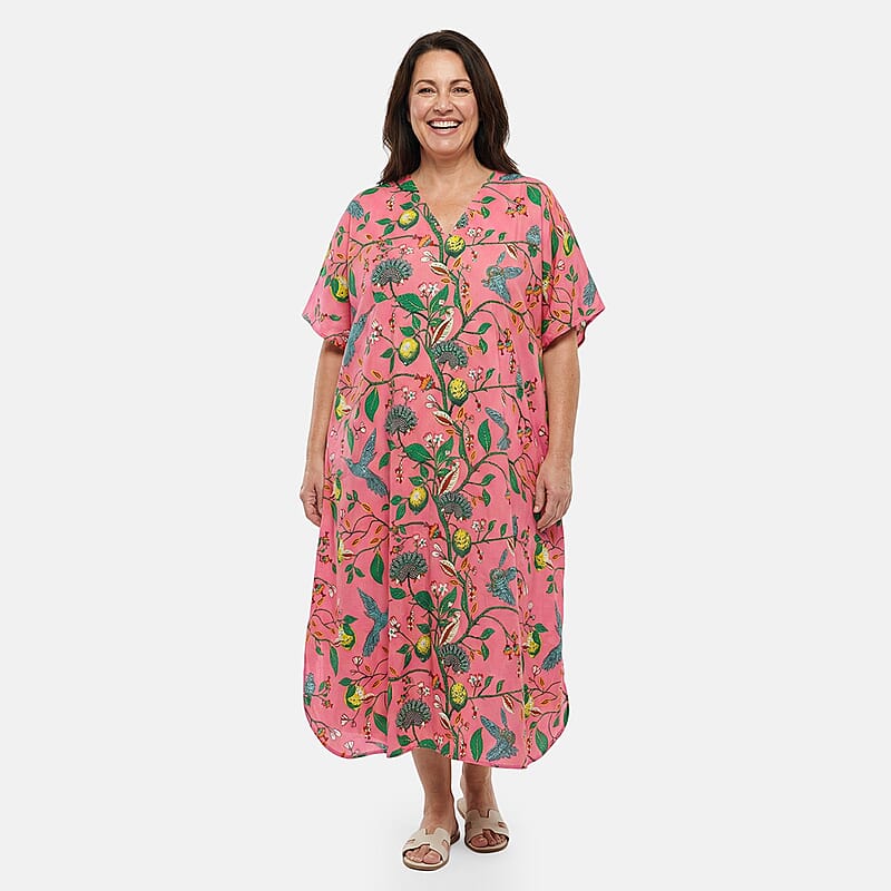 Winlar Peach Pink Floral Print Kaftan - One Size Fits Most