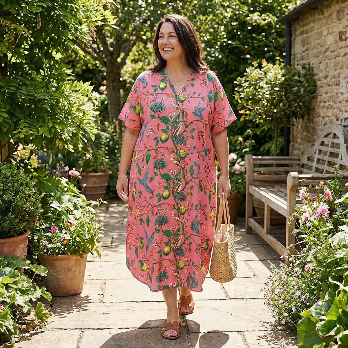 Winlar Peach Pink Floral Print Kaftan - One Size Fits Most. (Ships in 5 to 7 Business Days) image number 1