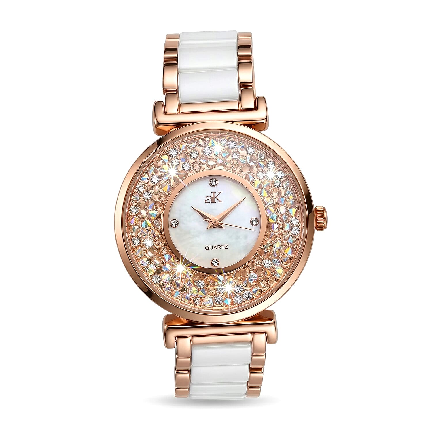 Closeout Adee Kaye White Crystals, Ceramic and Rosetone Ladies Watch with MOP Dial