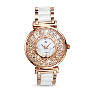 Closeout Adee Kaye White Crystals, Ceramic and Rosetone Ladies Watch with MOP Dial