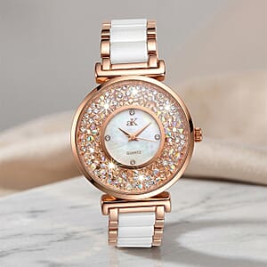 Closeout Adee Kaye White Crystals, Ceramic and Rosetone Ladies Watch with MOP Dial
