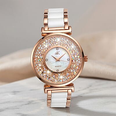 Closeout Adee Kaye White Crystals, Ceramic and Rosetone Ladies Watch with MOP Dial