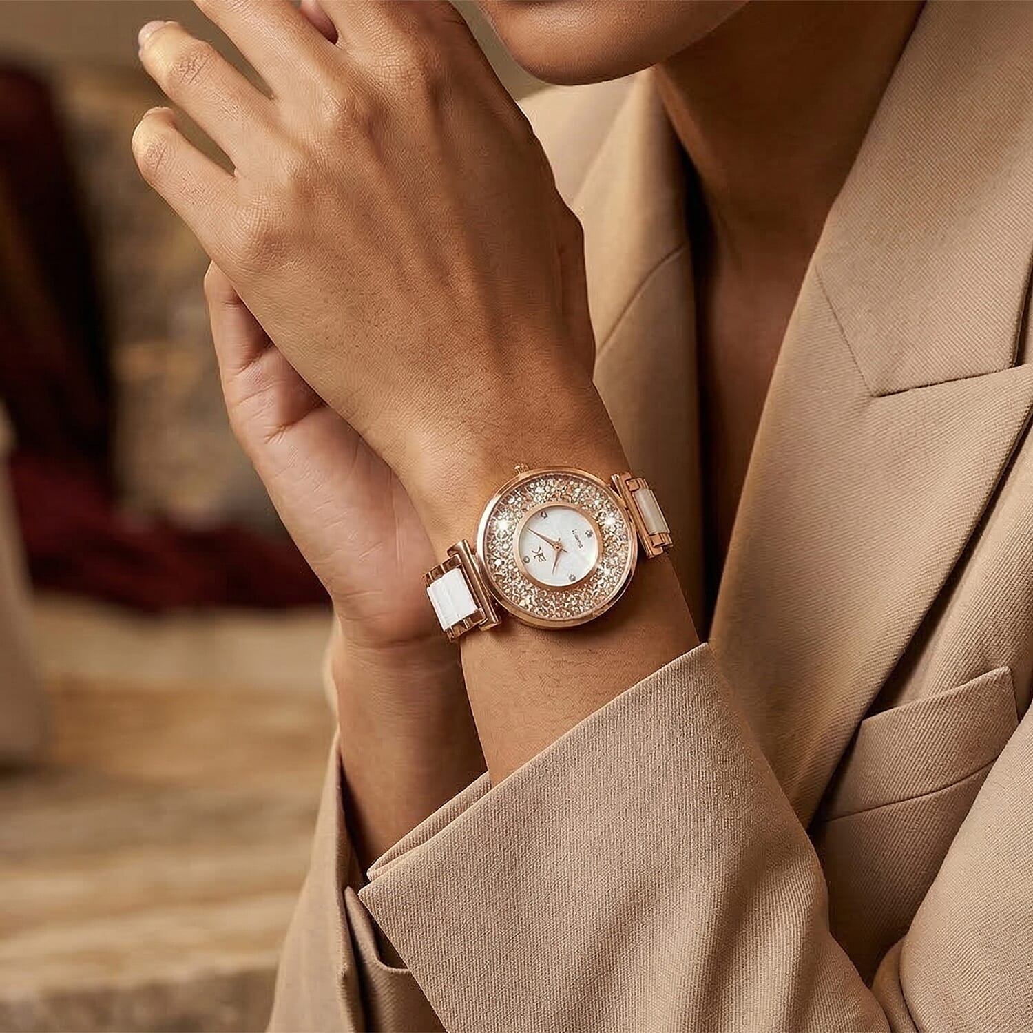 Closeout Adee Kaye White Crystals, Ceramic and Rosetone Ladies Watch with MOP Dial