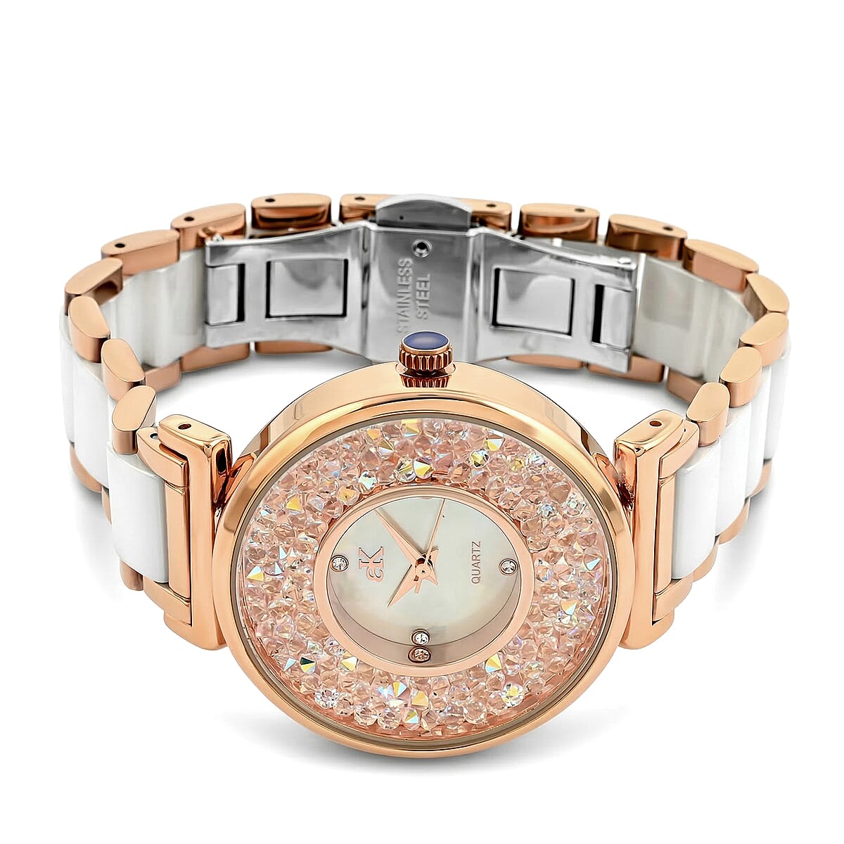 Closeout Adee Kaye White Crystals, Ceramic and Rosetone Ladies Watch with MOP Dial image number 3