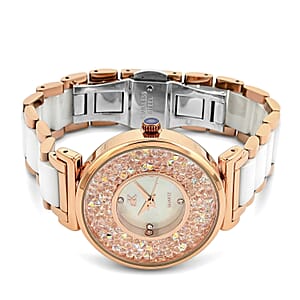 Closeout Adee Kaye White Crystals, Ceramic and Rosetone Ladies Watch with MOP Dial