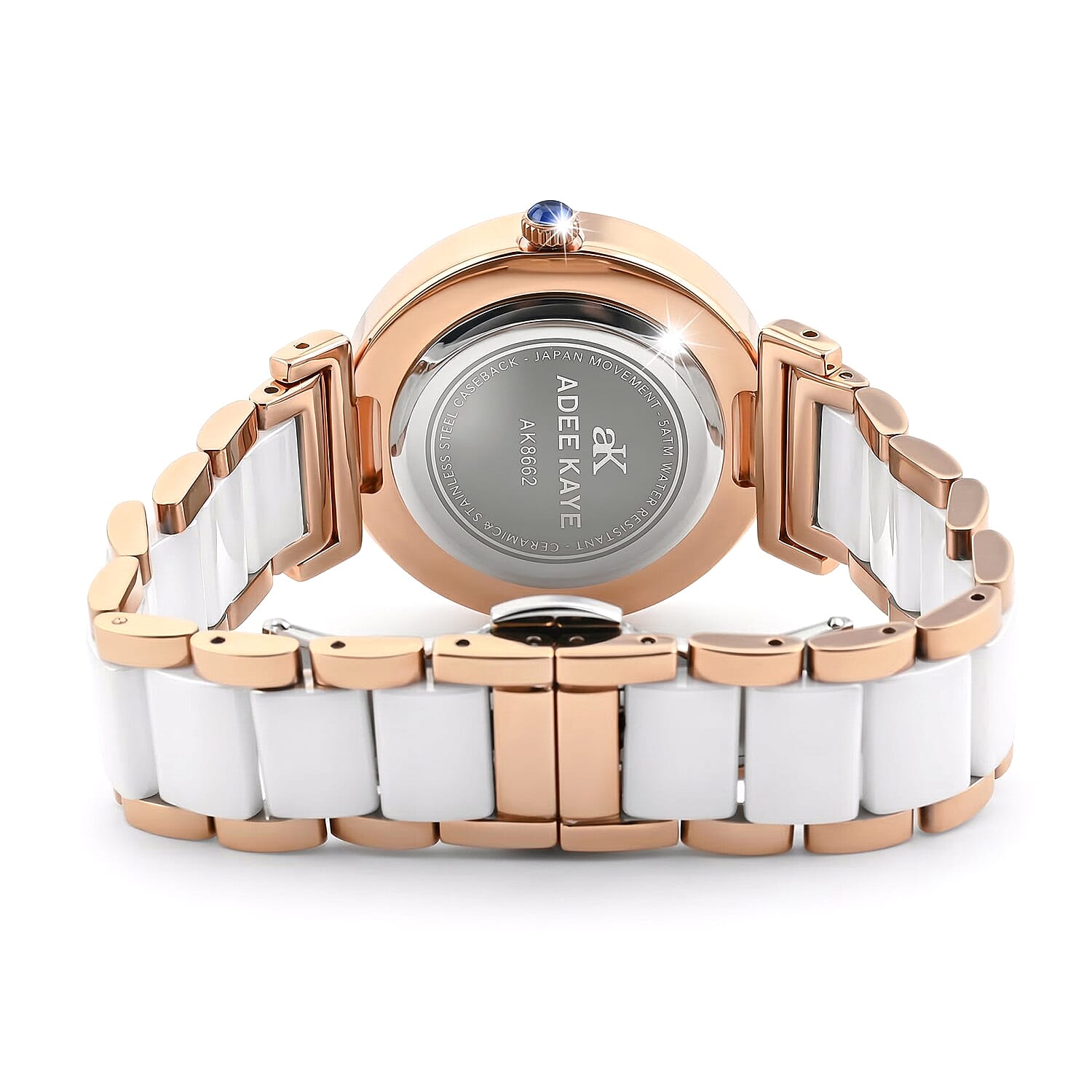 Closeout Adee Kaye White Crystals, Ceramic and Rosetone Ladies Watch with MOP Dial