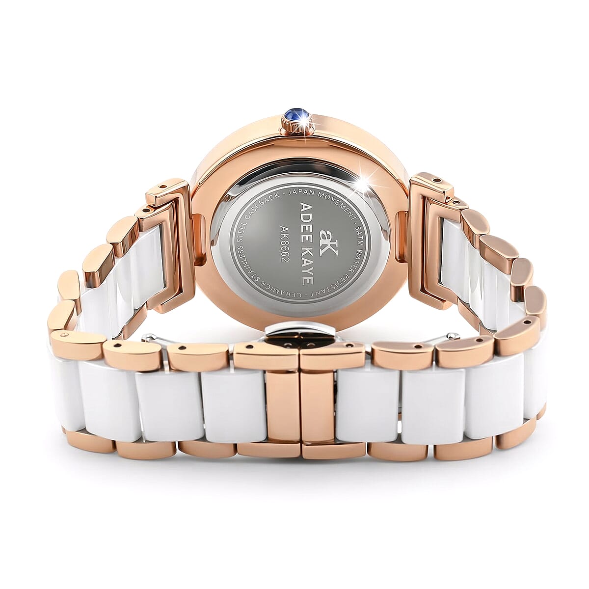 Closeout Adee Kaye White Crystals, Ceramic and Rosetone Ladies Watch with MOP Dial image number 4