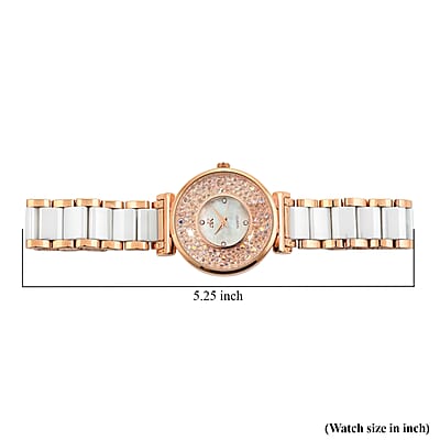Closeout Adee Kaye White Crystals, Ceramic and Rosetone Ladies Watch with MOP Dial