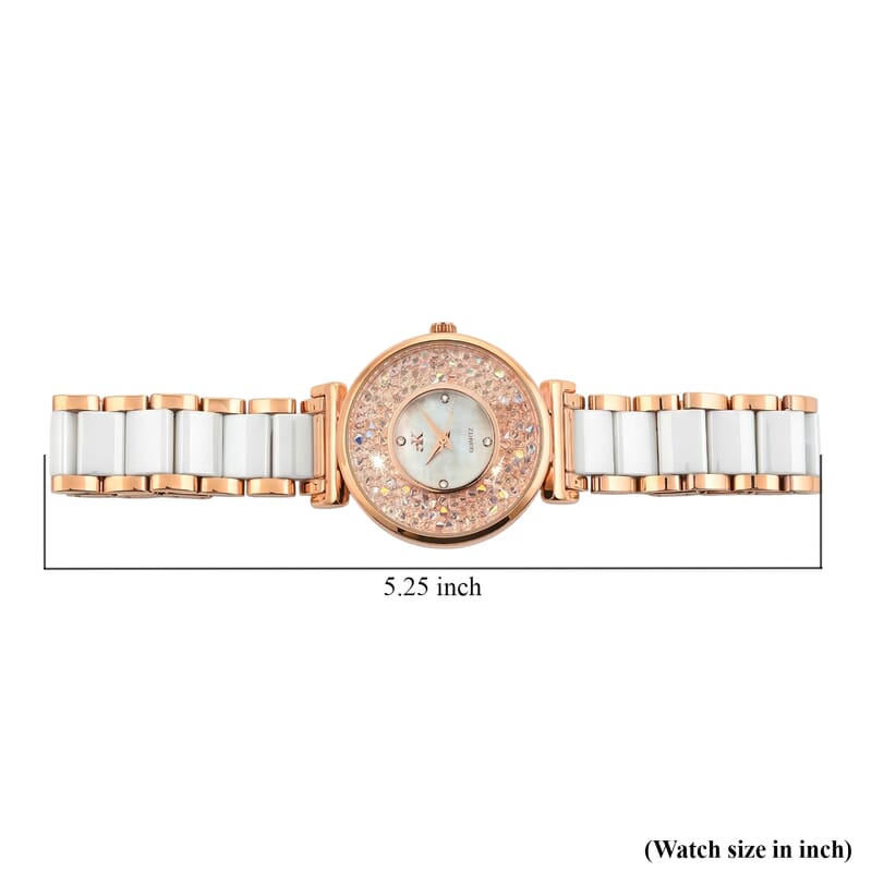 Closeout Adee Kaye White Crystals, Ceramic and Rosetone Ladies Watch with MOP Dial
