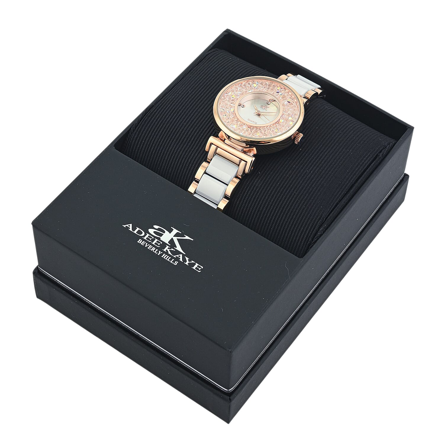Closeout Adee Kaye White Crystals, Ceramic and Rosetone Ladies Watch with MOP Dial