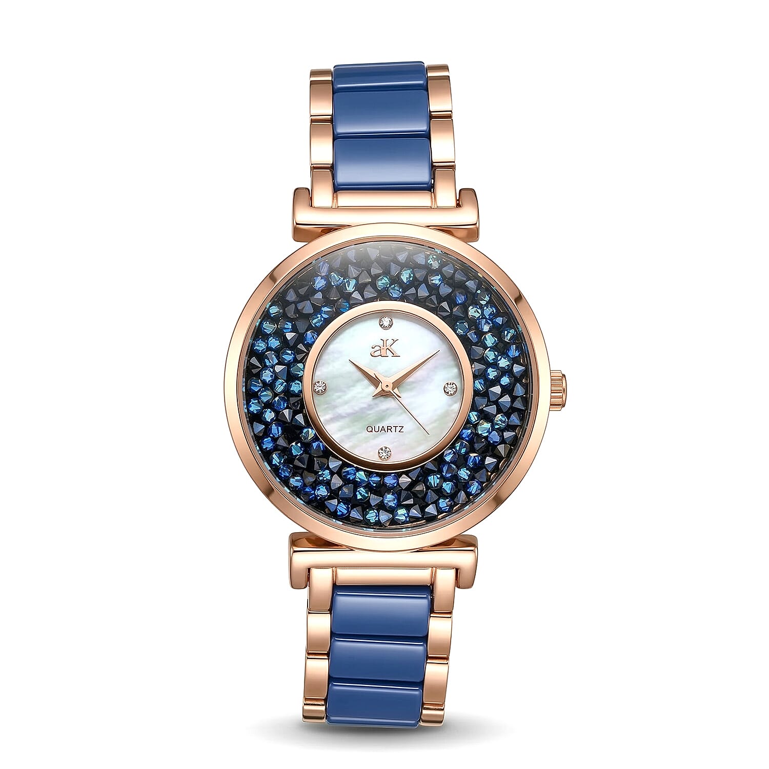 Closeout Adee Kaye Blue Crystals, Ceramic and Rosetone Ladies Watch with MOP Dial