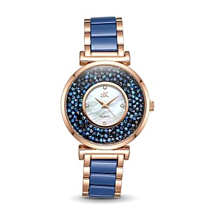 Closeout Adee Kaye Blue Crystals, Ceramic and Rosetone Ladies Watch with MOP Dial