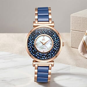Closeout Adee Kaye Blue Crystals, Ceramic and Rosetone Ladies Watch with MOP Dial