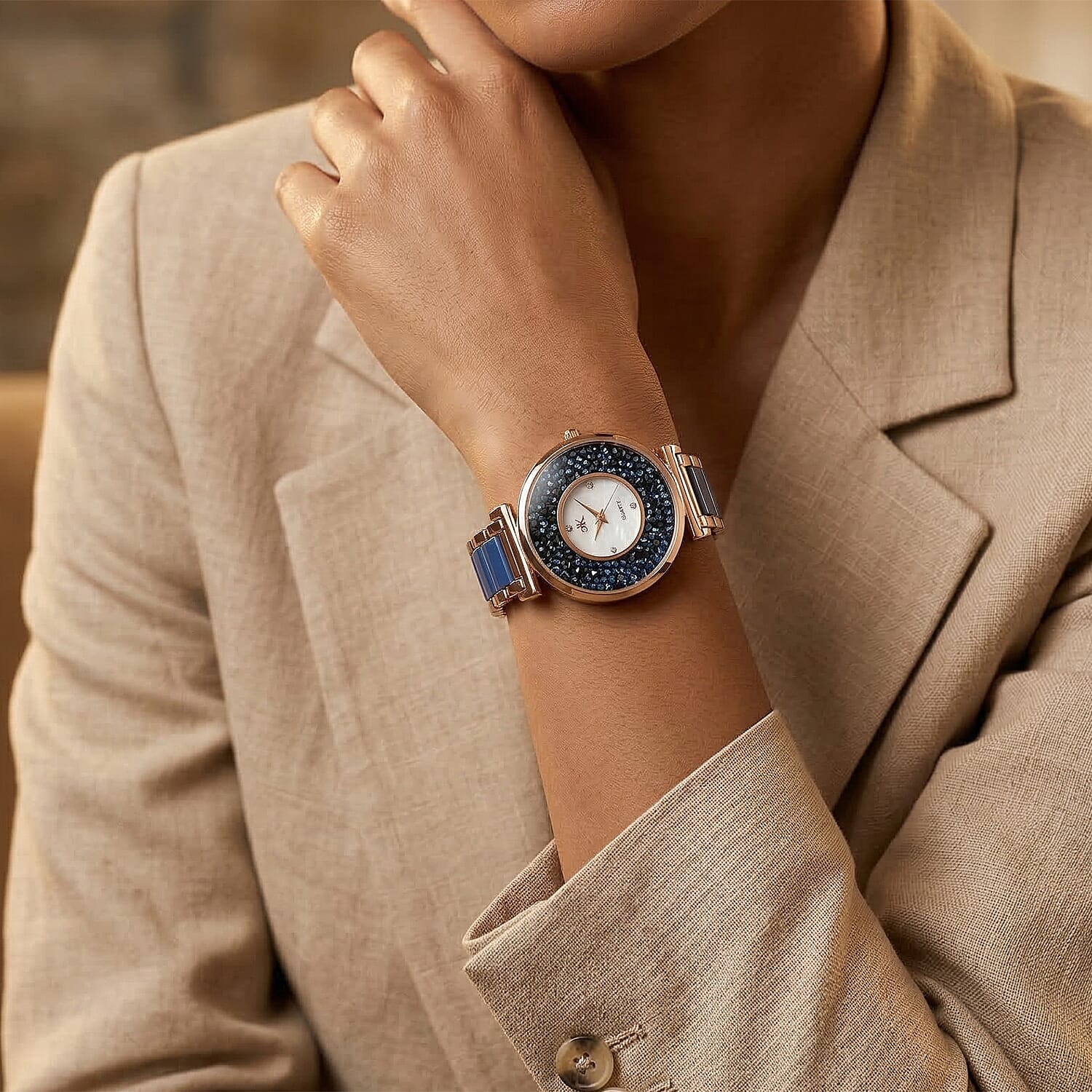 Closeout Adee Kaye Blue Crystals, Ceramic and Rosetone Ladies Watch with MOP Dial