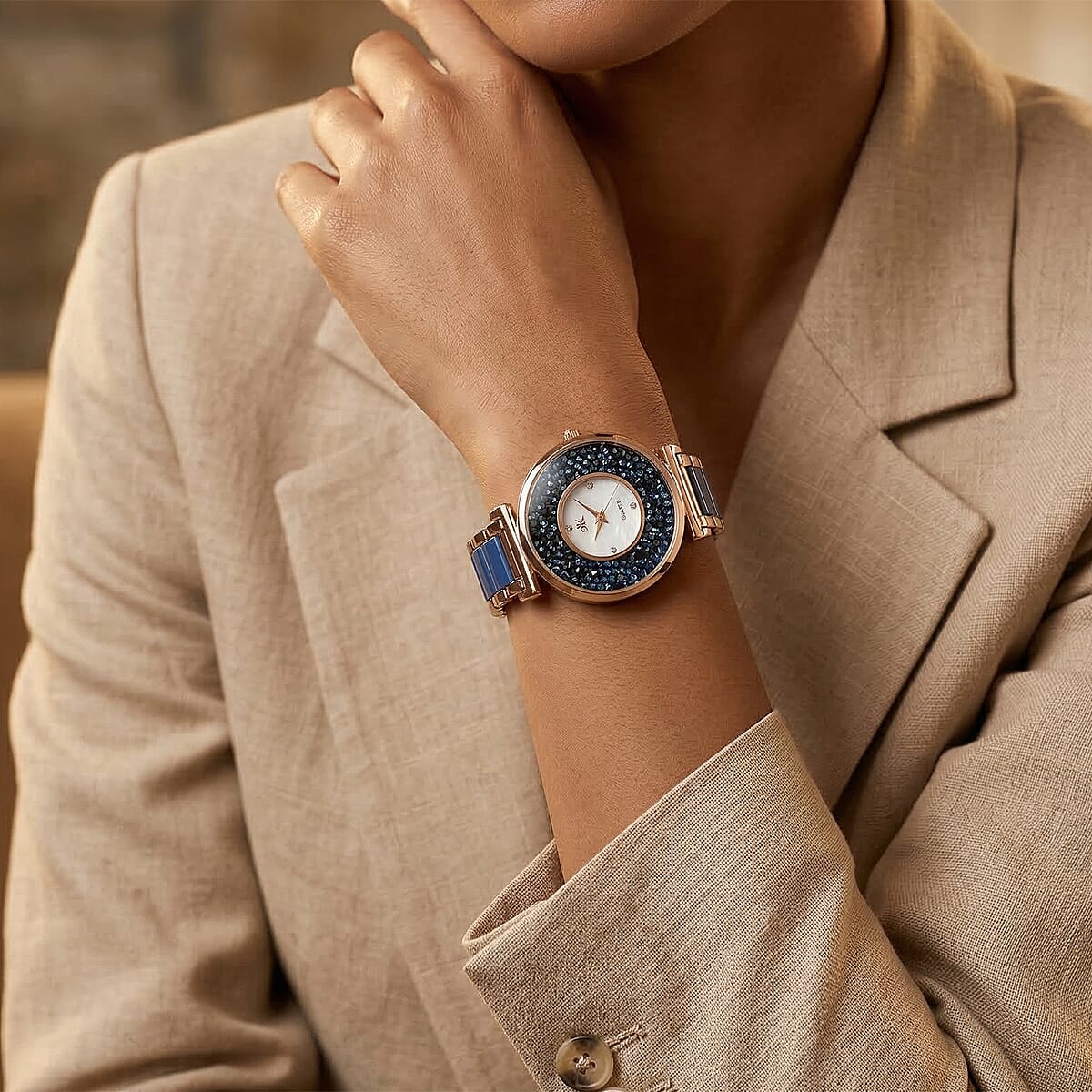 Closeout Adee Kaye Blue Crystals, Ceramic and Rosetone Ladies Watch with MOP Dial image number 2