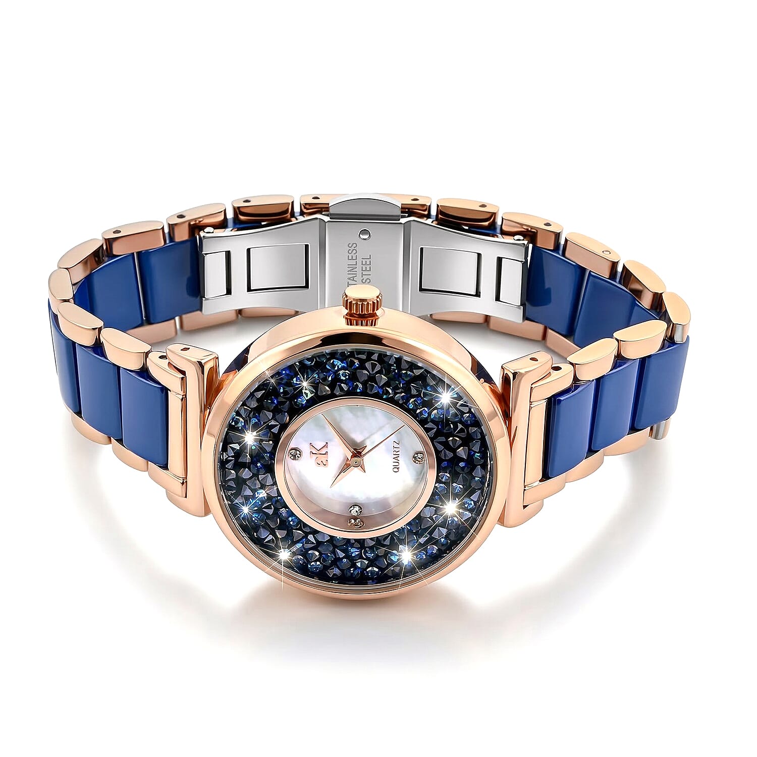 Closeout Adee Kaye Blue Crystals, Ceramic and Rosetone Ladies Watch with MOP Dial
