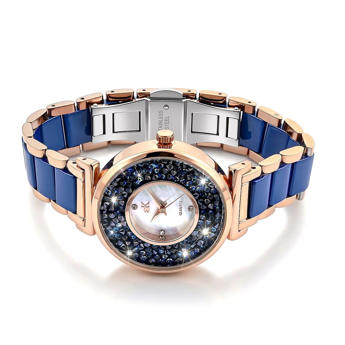 Closeout Adee Kaye Blue Crystals, Ceramic and Rosetone Ladies Watch with MOP Dial image number 3