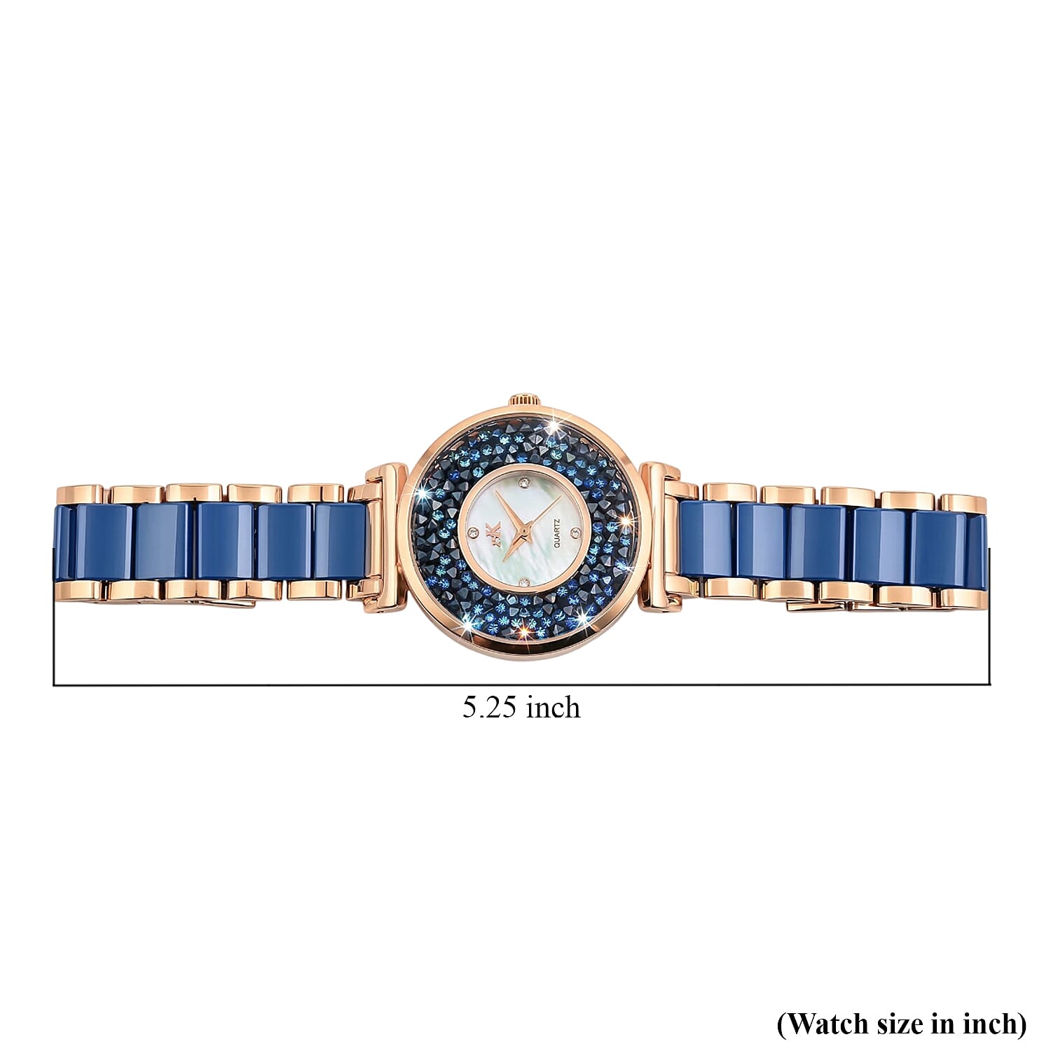Closeout Adee Kaye Blue Crystals, Ceramic and Rosetone Ladies Watch with MOP Dial