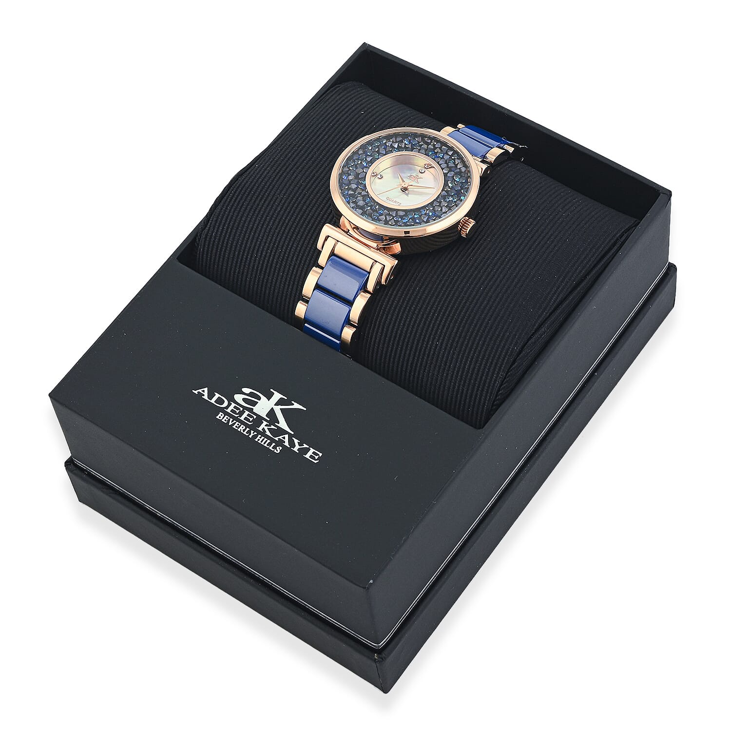 Closeout Adee Kaye Blue Crystals, Ceramic and Rosetone Ladies Watch with MOP Dial