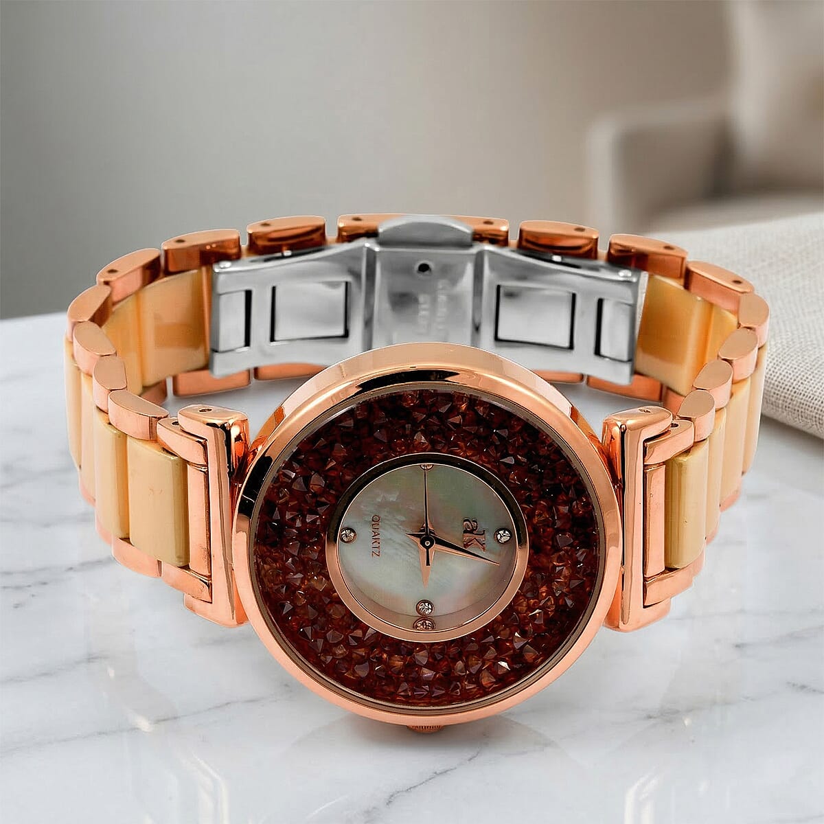 Closeout Adee Kaye Champagne Crystals, Ceramic and Rosetone Ladies Watch with MOP Dial image number 1