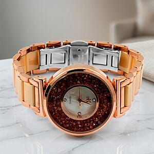 Closeout Adee Kaye Champagne Crystals, Ceramic and Rosetone Ladies Watch with MOP Dial