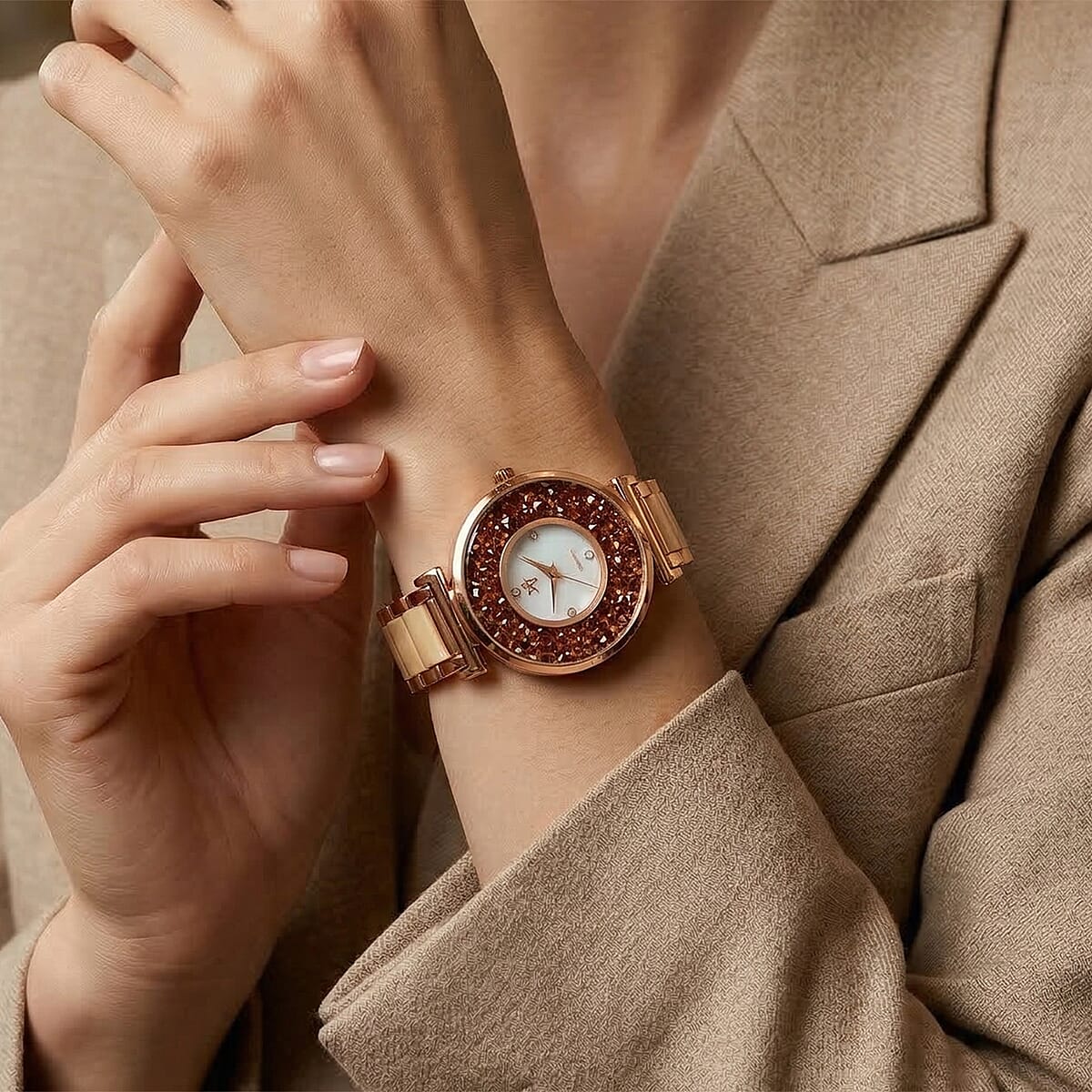 Closeout Adee Kaye Champagne Crystals, Ceramic and Rosetone Ladies Watch with MOP Dial image number 2