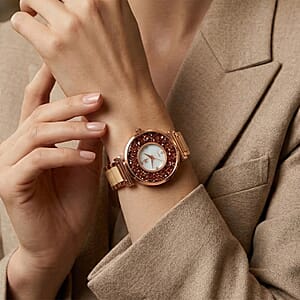 Closeout Adee Kaye Champagne Crystals, Ceramic and Rosetone Ladies Watch with MOP Dial