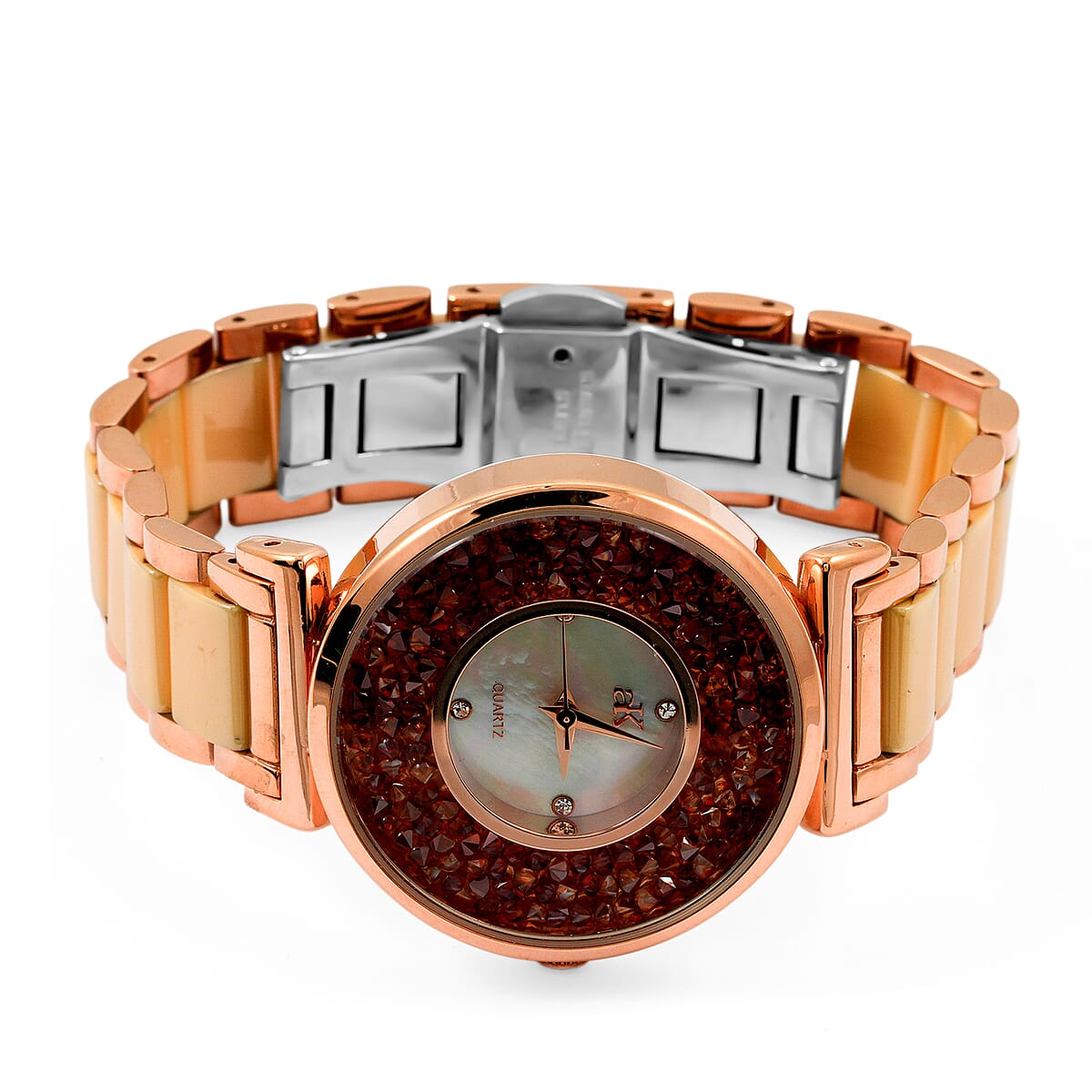 Closeout Adee Kaye Champagne Crystals, Ceramic and Rosetone Ladies Watch with MOP Dial image number 3