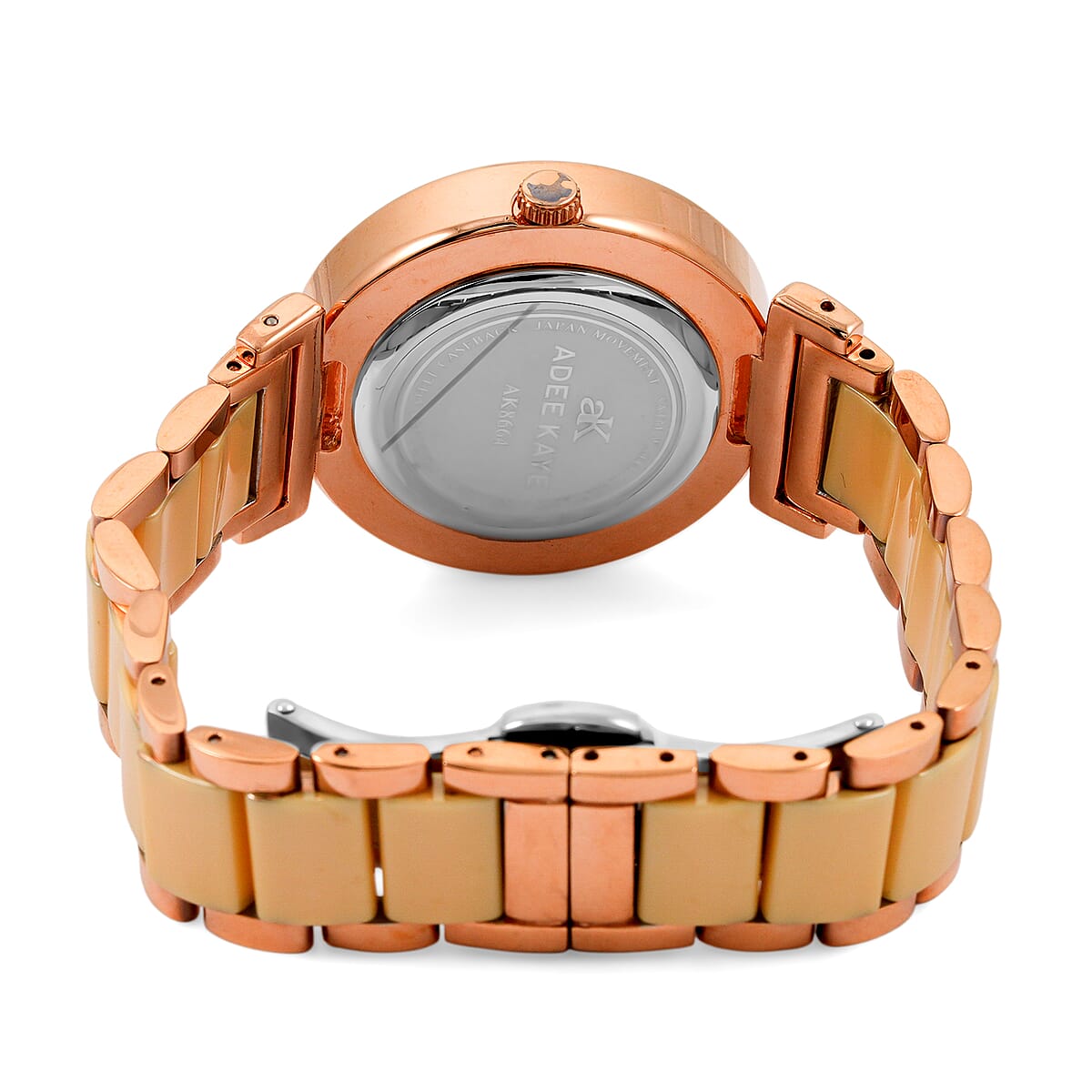 Closeout Adee Kaye Champagne Crystals, Ceramic and Rosetone Ladies Watch with MOP Dial image number 4