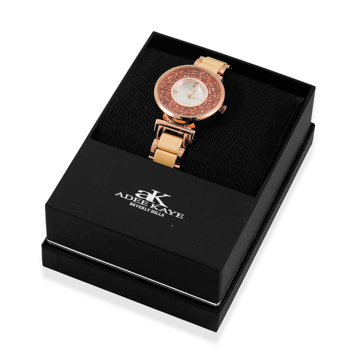 Closeout Adee Kaye Champagne Crystals, Ceramic and Rosetone Ladies Watch with MOP Dial image number 6