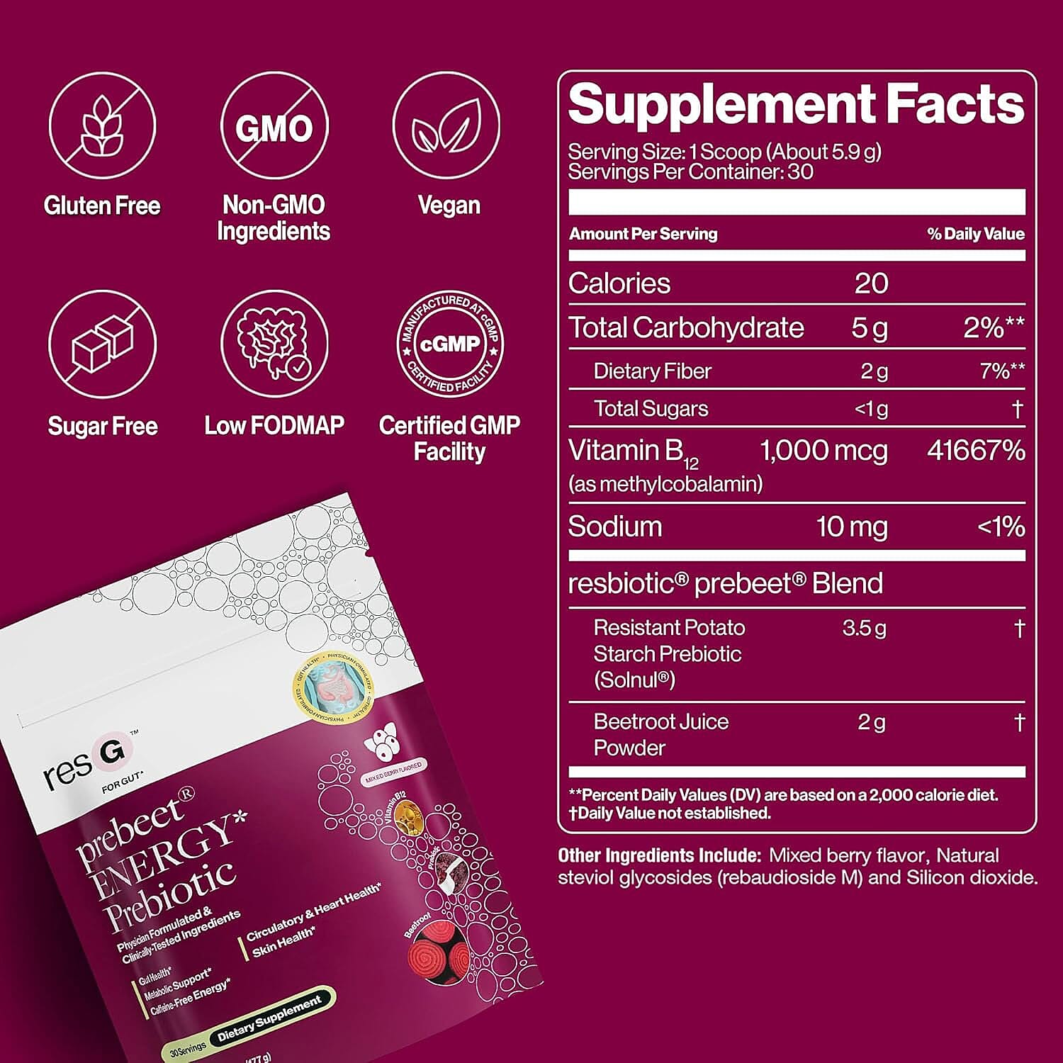 resG Prebeet Energy Prebiotic Dietary Supplement (30 Servings) Made in US