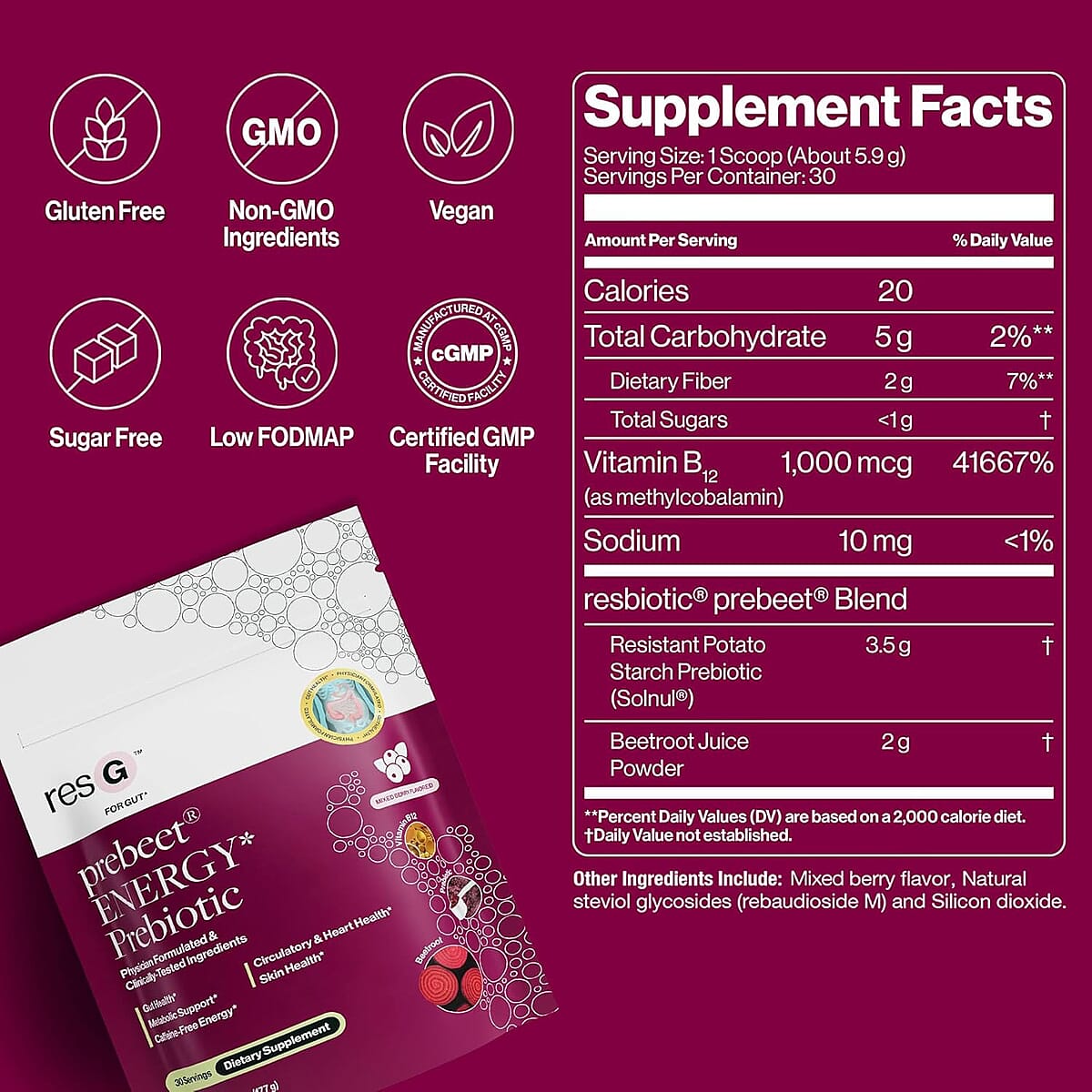 resG Prebeet Energy Prebiotic Dietary Supplement (30 Servings) Made in US image number 7