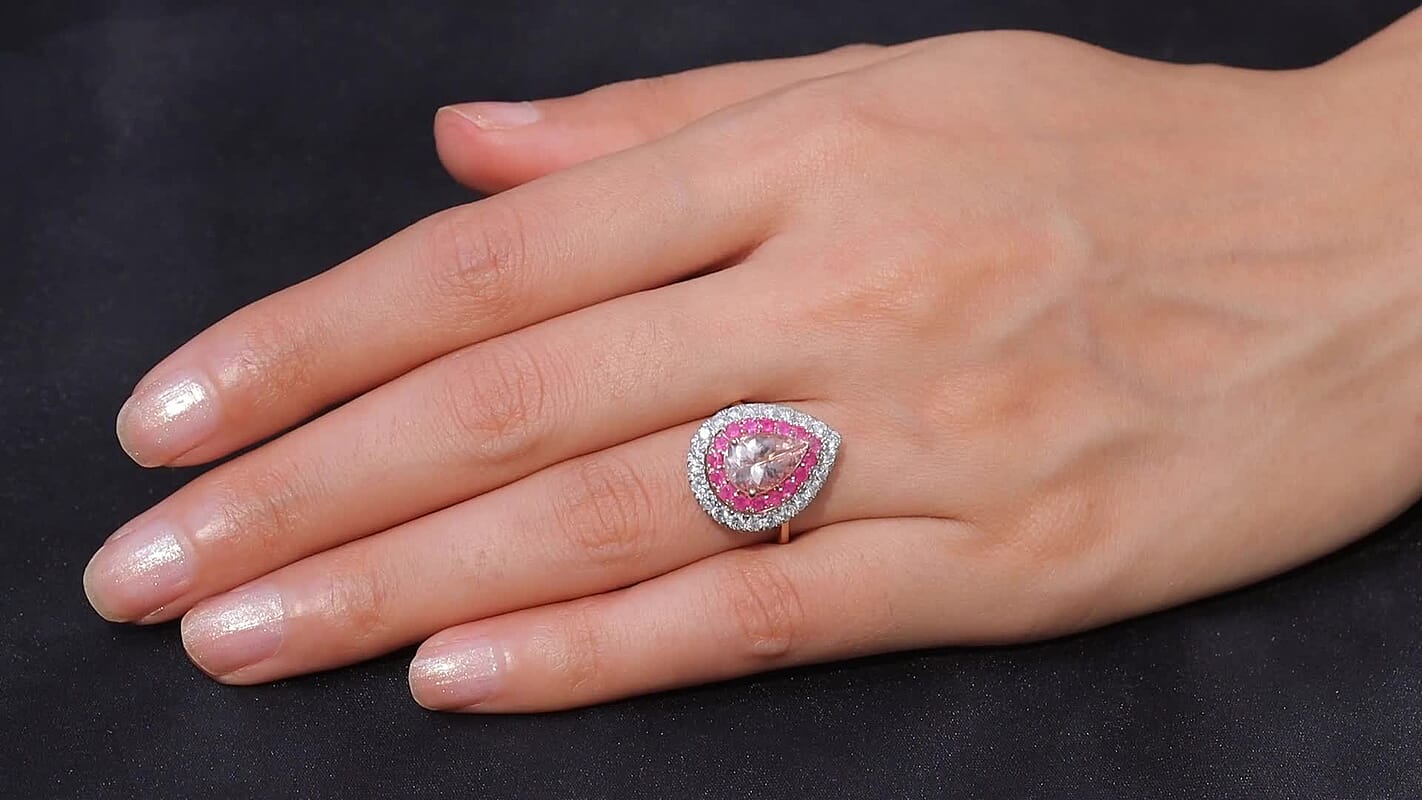 Certified & Appraised 10K Rose Gold AAA Pink Morganite, Mozambique Ruby and Luxuriant Lab Grown Diamond (G-H, SI) (0.82 cts) Ring (Size 10.0) 3.20 ctw
