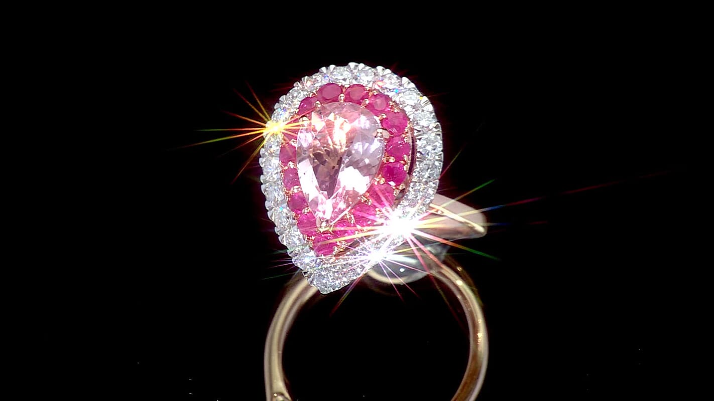 Certified & Appraised 10K Rose Gold AAA Pink Morganite, Mozambique Ruby and Luxuriant Lab Grown Diamond (G-H, SI) (0.82 cts) Ring (Size 10.0) 3.20 ctw