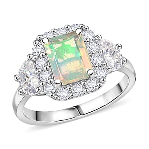 Certified and Appraised D'Joy Ethiopian Welo Opal and Moissanite 2.30 ctw Ring in Rhodium Over Sterling Silver (Size 6.0)